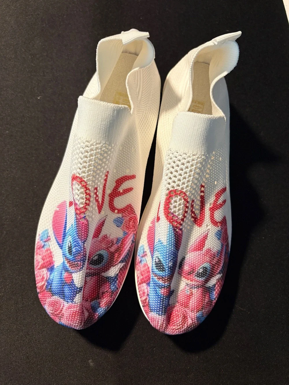 White Knit Slip-On Women’s Shoes with Pink & Blue Stitch Print